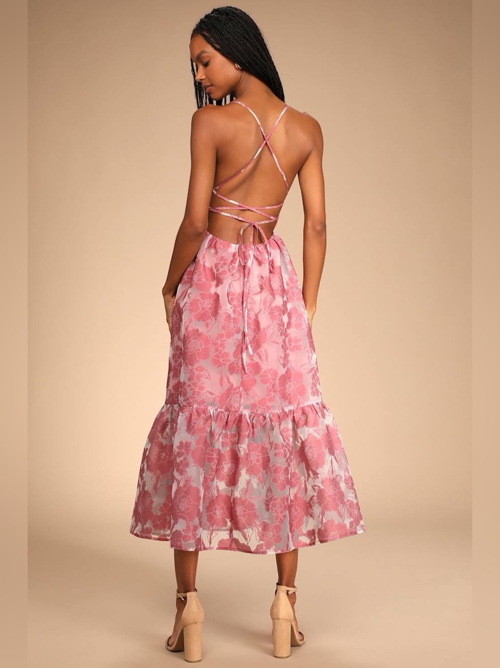 NEW LULUS Feeling Like Forever Rose Jacquard Organza Lace-Up Midi Dress